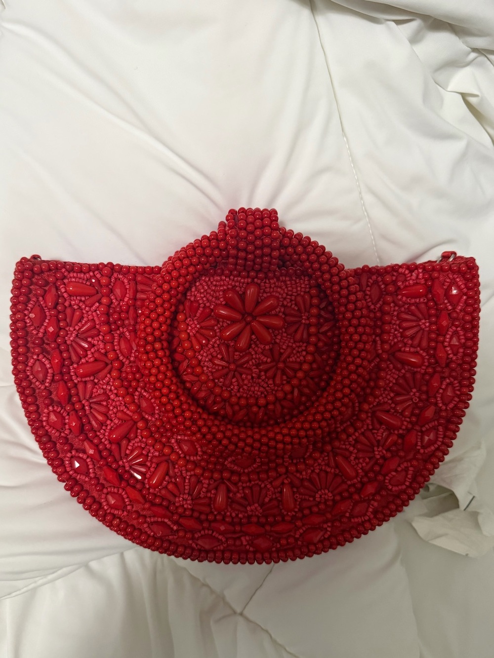 Red Beaded Half-Moon Mini Bag with Top Handle